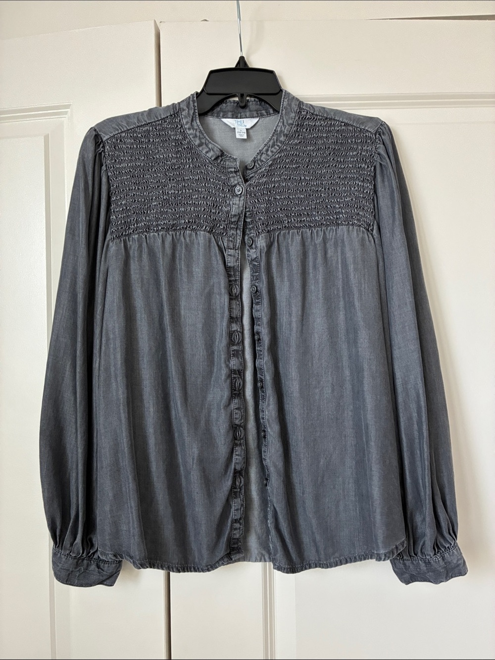 Time and Tru Grey Smocked Yoke Button-Down Blouse